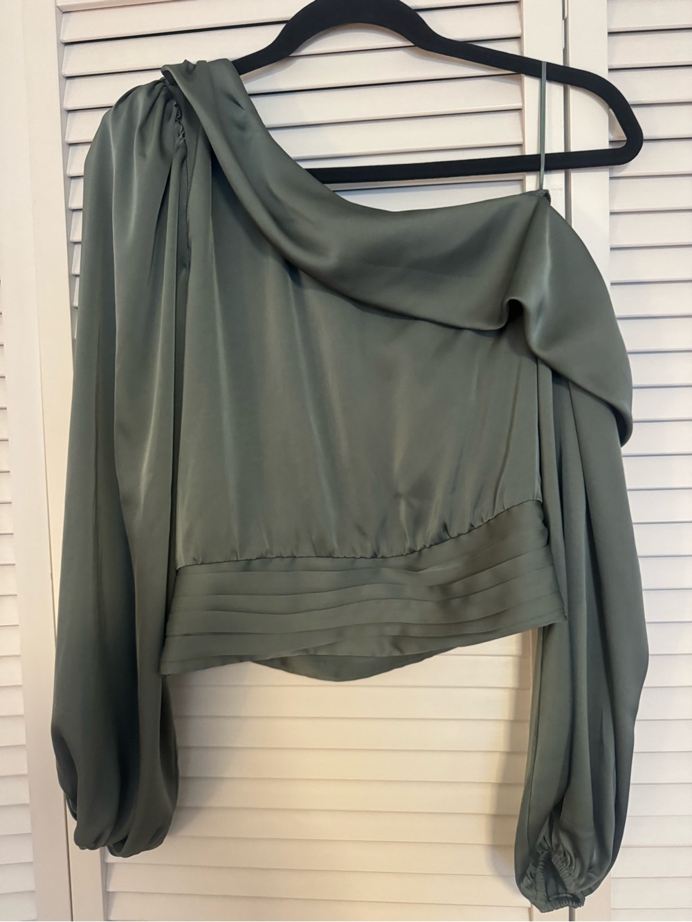 Astr One-Shoulder Olive Green Satin Blouse with Balloon Sleeve
